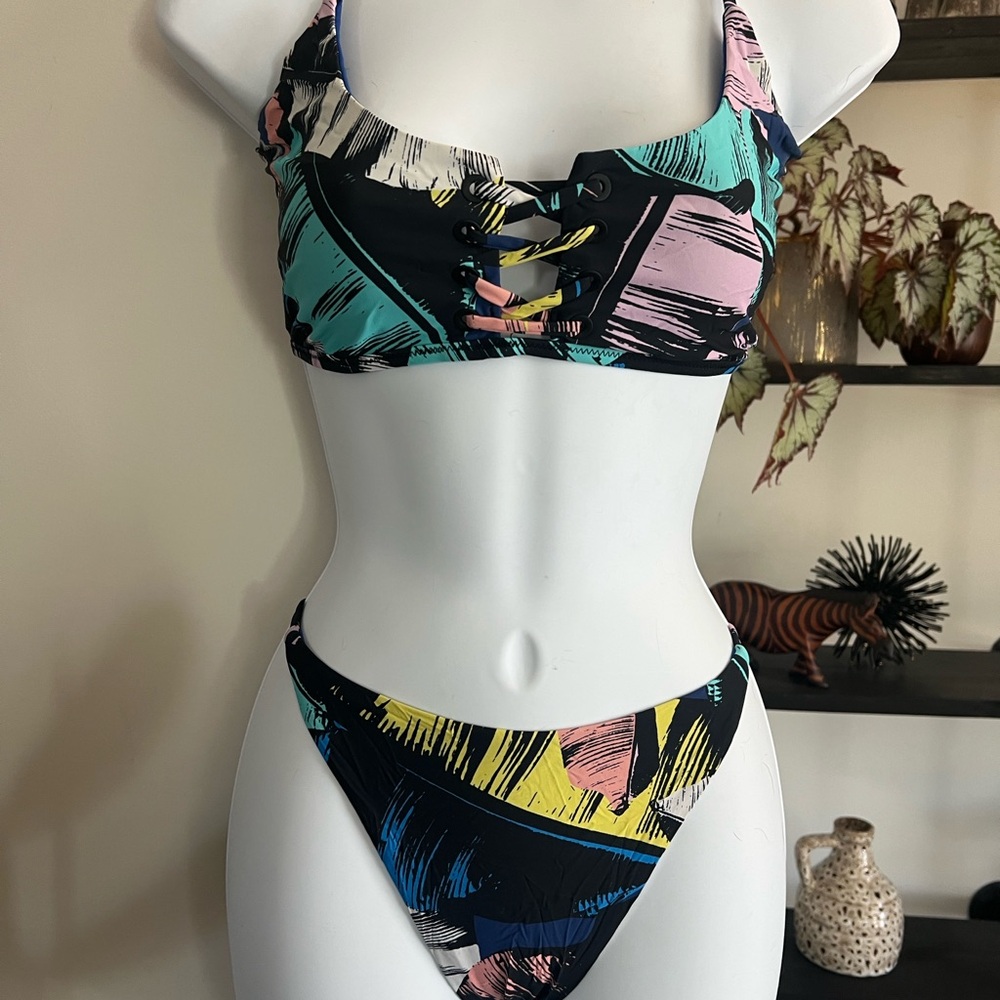 Red Carter Black and Blue Bikini Set with Bold Abstract Design